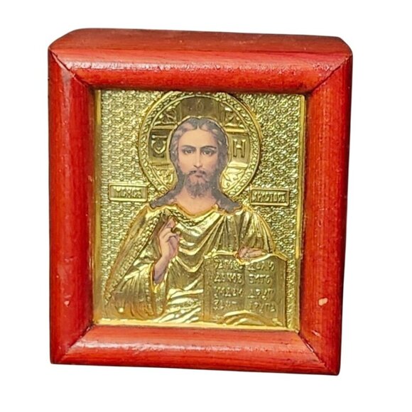Antiques, Orthodox Russian icon: of Christ Pantocrator Travel Icon Red Wood Fram - Picture 1 of 4
